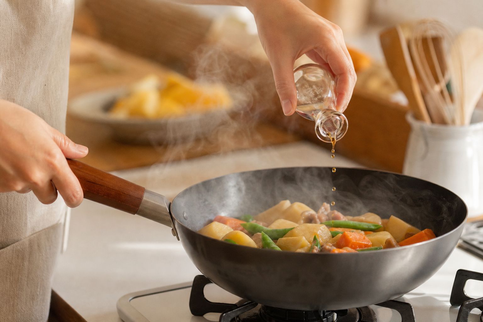 フライパンに調味料を注ぐ手元