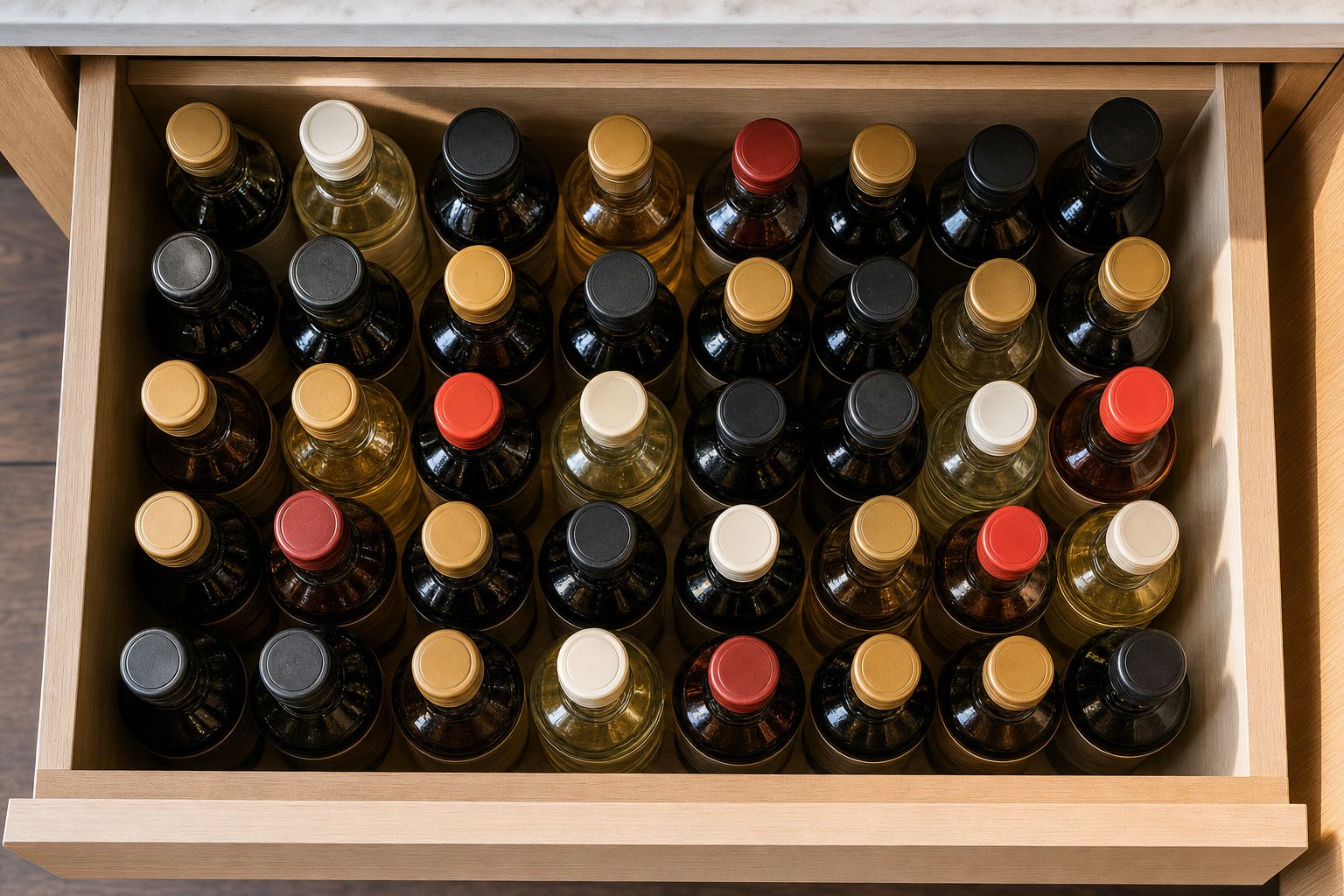 上から見た調味料の引き出し。よく似た形のフタが並び、どれが何の調味料か見分けがつかない