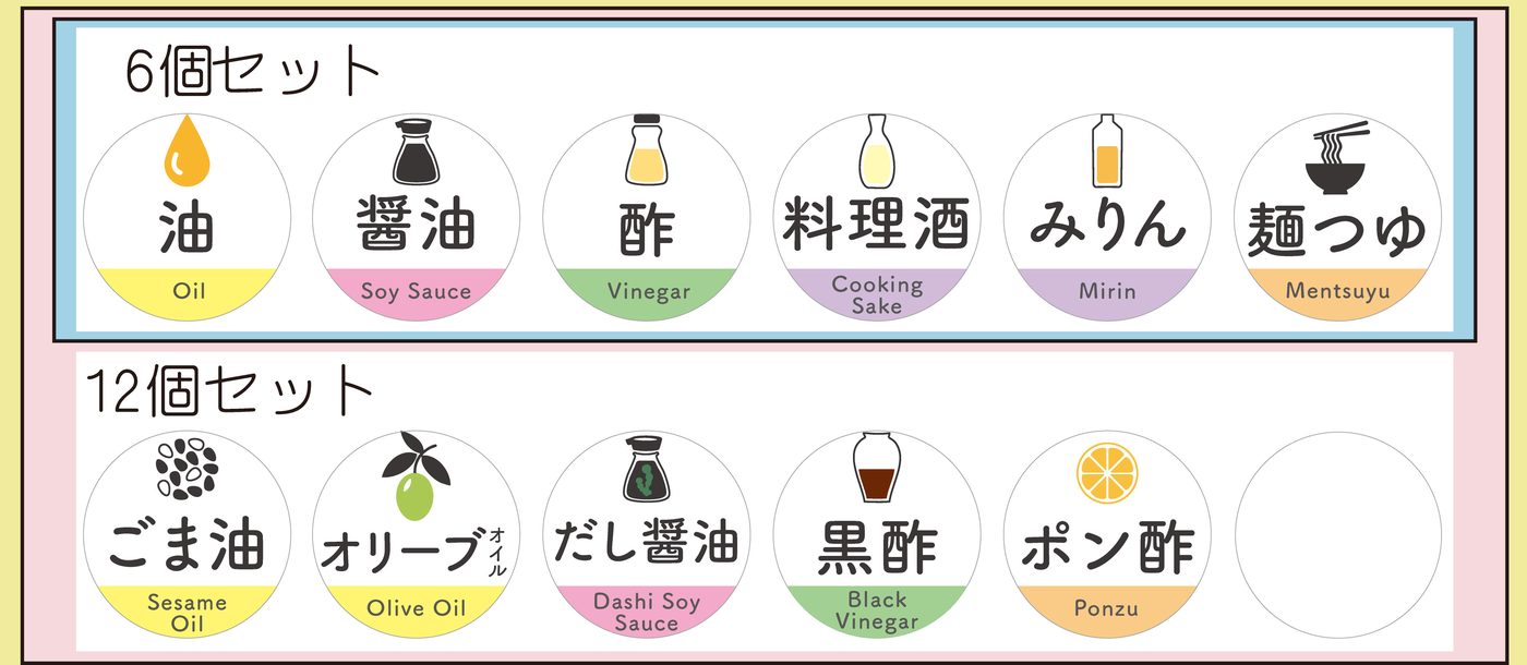 基本セットの実物ラインナップ。アイコン版の油・醤油・酢・料理酒・みりん・麺つゆなど
