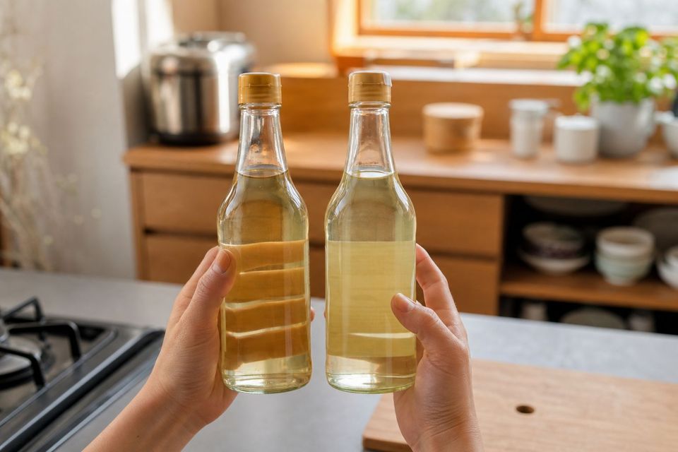 みりんと酢。よく似た2本の瓶を両手に持って見比べている